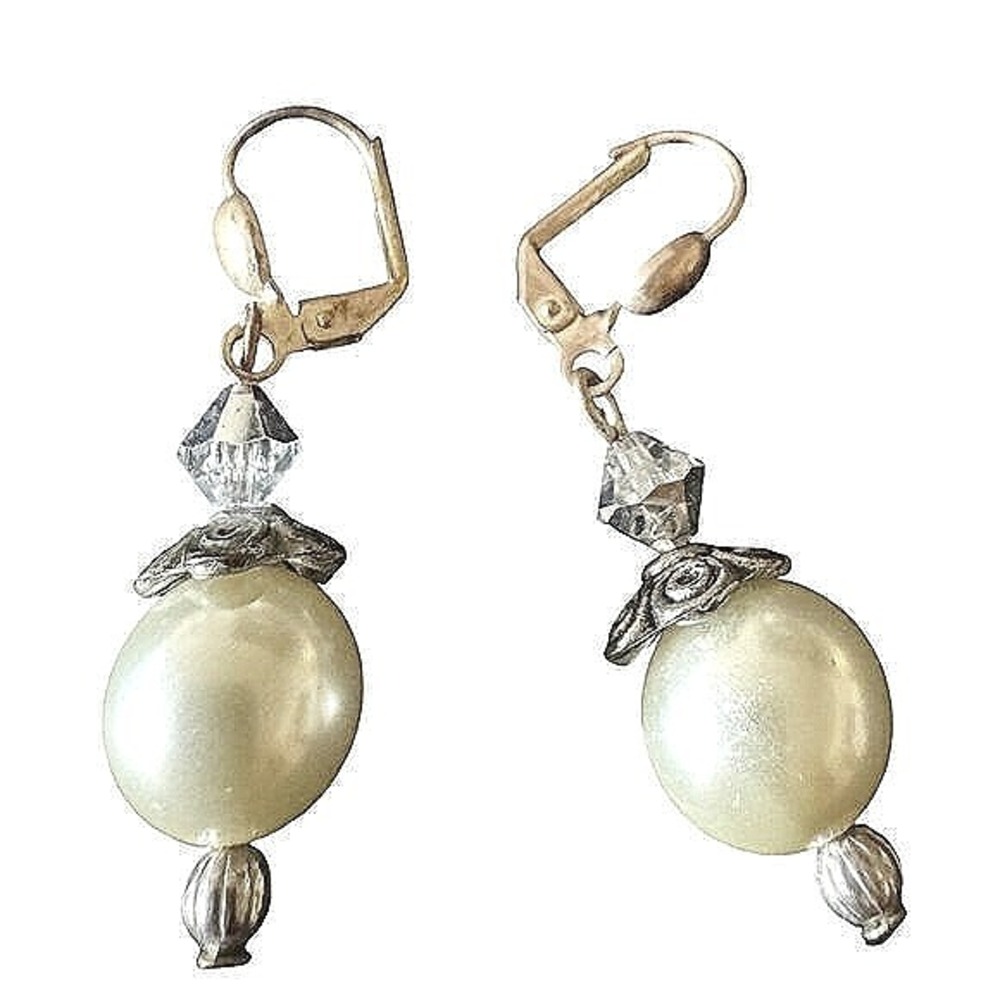 Vintage Dangle Earrings Women Small Silver Excellent Pearl Lever Back 2 Pairs - Picture 2 of 9